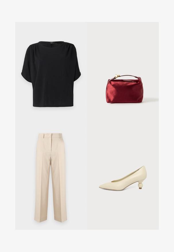 Haut noir à manches courtes avec une coupe décontractée, un col rond et des détails froncés aux épaules, confectionné dans un tissu doux et léger.; Pantalon beige taille haute, coupe ajustée, avec passants de ceinture et jambes droites, présenté sur un fond blanc uni.; Chaussure femme couleur crème à bout pointu avec un petit talon rond en forme de boule, sur fond uni.; Trousse de maquillage en satin bourgogne de forme rectangulaire, avec fermeture éclair et une poignée courte. Présente un design minimaliste et une texture lisse.