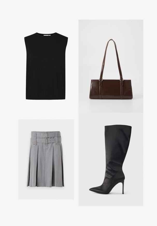 Top sans manches noir avec un col rond, fabriqué en tissu côtelé, présentant une coupe ample et un ourlet droit, conçu pour le confort.; Jupe plissée grise à fines rayures avec double ceinture et détails de boucles argentées, présentant des accents anneaux en D à la taille.; Botte noire haute jusqu'aux genoux en cuir verni lisse et élégant ; bout pointu ; ajustée avec un léger froncé près de la cheville ; talon brillant.; Sac à main en cuir verni marron de forme rectangulaire, avec deux longues poignées et des accents courbés subtils à l'avant.