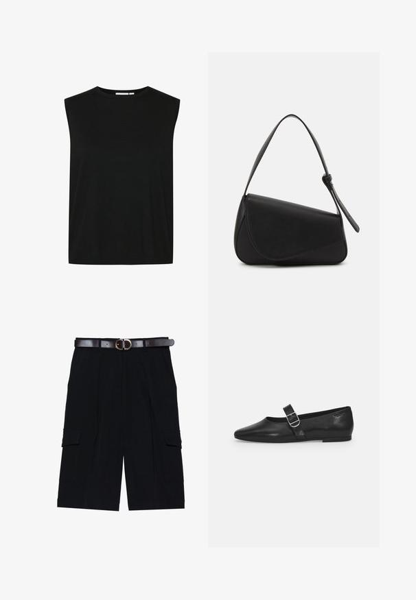 Top sans manches noir avec un col rond, fabriqué en tissu côtelé, présentant une coupe ample et un ourlet droit, conçu pour le confort.; Shorts cargo noirs en tissu léger, avec une coupe droite, des poches latérales et une ceinture en cuir marron avec une boucle en métal argenté.; Chaussure plate en cuir noir avec un bout arrondi, une seule sangle réglable à boucle et une texture lisse et brillante. Design minimaliste avec un petit talon.; Sac à main en cuir noir de forme triangulaire, avec un rabat incliné et une poignée supérieure arrondie. Il présente une texture lisse et des détails de design minimalistes.