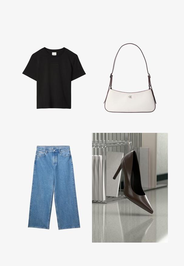 Sort kortærmet T-shirt med rund hals og diskret præget Calvin Klein-logo centreret på brystet.; Blå vidde jeans med frontknap og lynlås, bæltestropper og Calvin Klein-mærke på lille forlomme.; Mørkebrunt læderhæl med høj hæl, der svæver over en reflekterende gulvplade nær en metalhylde med hvide paneler i et rum.; Hvid skuldertaske i læder med mørkebrun kant og justerbar rem, med lille sølvfarvet "cK" logo midt på fronten.