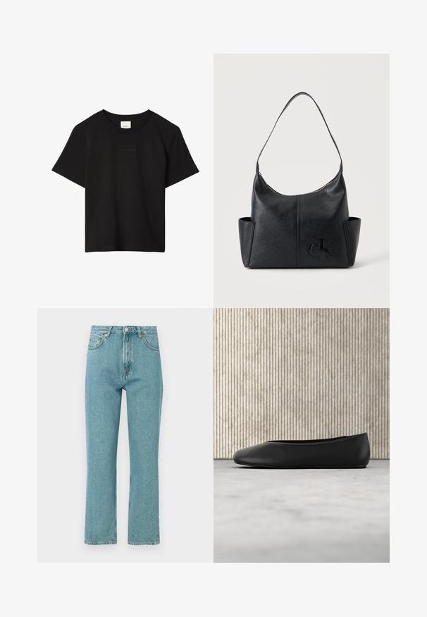 Sort kortærmet T-shirt med rund hals og diskret præget Calvin Klein-logo centreret på brystet.; Lyseblå, høj talje jeans med lige ben-design. Lavet af denim, featuring forlommer og knaplukning.; Sorte læder balletflade med en rund tå, glat tekstur og en gulds logoaccent på siden. Placeret over en reflekterende overflade.; Sort læder skuldertaske med sidelommer og Calvin Klein-logo præget på forsiden, med lukning øverst med lynlås.