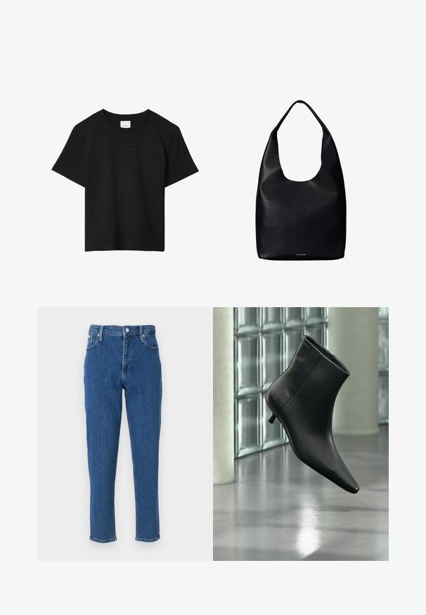 Sort kortærmet T-shirt med rund hals og diskret præget Calvin Klein-logo centreret på brystet.; Blå denim jeans med høj talje, lynlås, fem lommer, lige ben og en diskret fadet tekstur, samt en ren sømfinish.; Sort læderankelstøvle med spids tå og lav kitten-hæ, vist vinklet mod en poleret gulv- og glasblokvæg.; Sort læder shoppertaske med en bred enkelt skulderrem og et subtilt Calvin Klein-logo nederst i midten.