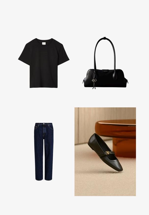 Sort kortærmet T-shirt med rund hals og diskret præget Calvin Klein-logo centreret på brystet.; Mørkeblå denim jeans med lige ben-design, der har høj talje, fem-lomme-stil og kontrastsyninger. Ingen dekorationer.; Sort læder flad sko med spids tå og gyldent CK-logo på rem, placeret på beige tæppe nær et rundt ravbrunt bord.; Sort lædertaske fra Calvin Klein med lange håndtag, en forside-logo-tag og en sølv geometrisk vedhæng, der hænger fra det ene håndtag.