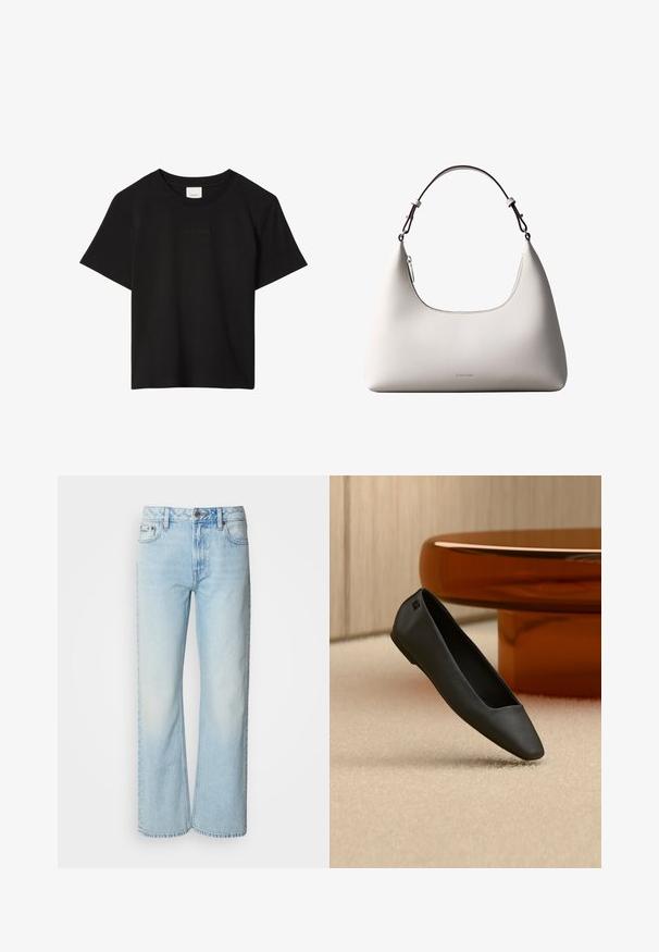 Sort kortærmet T-shirt med rund hals og diskret præget Calvin Klein-logo centreret på brystet.; Lyseblå brede jeans lavet af denim med et klassisk fem-lomme design og en subtil falmet tekstur. Denim-syninger er synlige.; Sort spids flad sko, der hviler på en beige tæppe nær et rundt ravfarvet bord i en minimalistisk rumindretning.; Cremefarvet skuldertaske i læder fra Calvin Klein med buet topkant, sølvfarvet lynlås og mørkebrun justerbar rem.