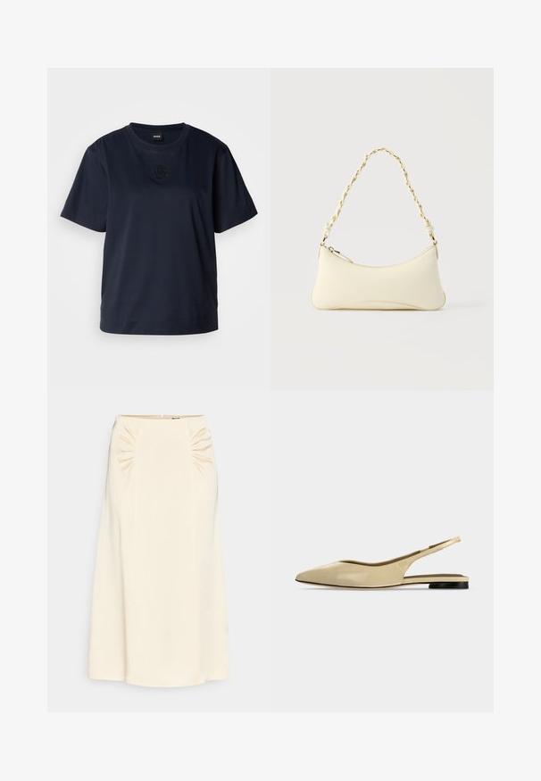 T-shirt bleu marine à manches courtes en coton doux. Il présente un col rond et un logo brodé subtil sur la poitrine.; Jupe midi de couleur crème avec des détails froncés à la taille et une texture lisse et soyeuse. Elle présente une fermeture éclair sur le côté.; Chaussure plate beige à bout pointu avec bride arrière, petit talon noir et finition en cuir lisse, vue de côté sur un fond uni.; Petit sac à main couleur crème avec une forme incurvée et une poignée en chaîne torsadée ton or, fermeture éclair sur le dessus