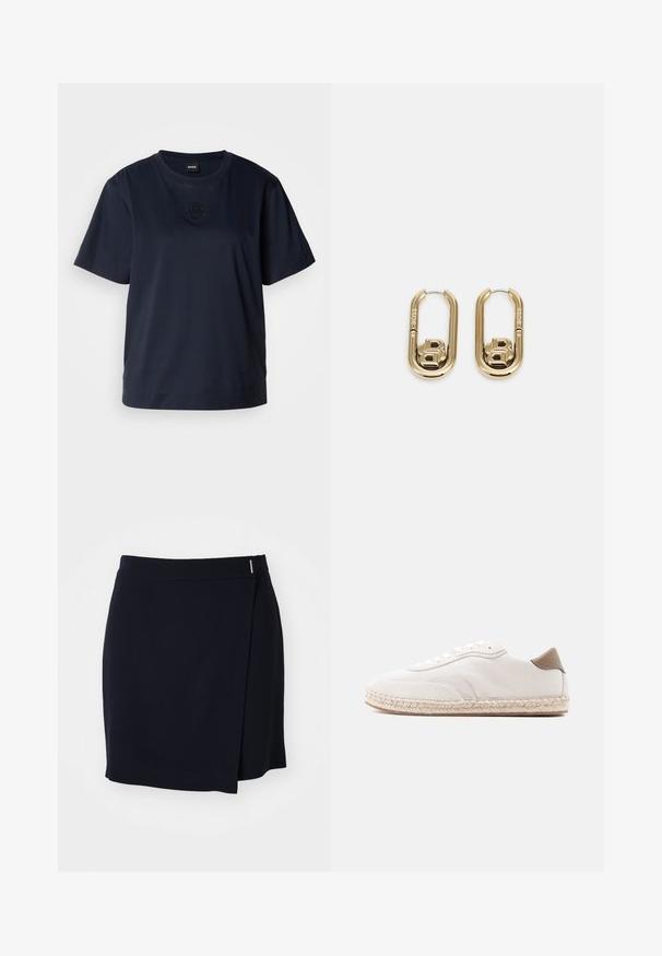 T-shirt bleu marine à manches courtes en coton doux. Il présente un col rond et un logo brodé subtil sur la poitrine.; Jupe mini enveloppante marine en tissu lisse avec une fente sur le côté et un petit accent métallique à la taille. Design épuré et minimaliste.; Baskets blanches avec une tige en daim, des accents beiges et une semelle en jute tressé. Elles sont équipées de lacets plats et arborent un logo de marque sur le côté.; BOSS DOUBLE B SWING - Boucles d'oreilles - gold-coloured