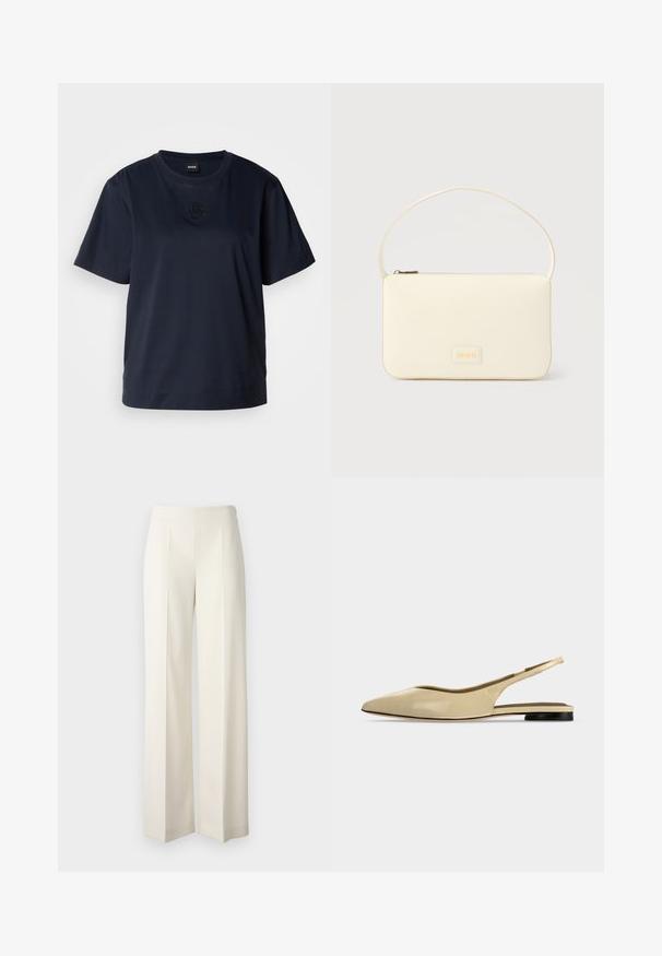 Camiseta de manga corta azul marino hecha de algodón suave. Presenta un cuello redondeado y un sutil logo bordado en el pecho.; Pantalones de pierna ancha blancos, confeccionados en una tela suave con pliegues en la parte delantera. Diseñados con una cintura alta y un acabado limpio.; Zapato plano beige con puntera puntiaguda, diseño slingback, tacón bajo negro y acabado en cuero liso, mostrado de perfil sobre un fondo liso.; Bolso rectangular color crema con una sola correa y cremallera superior, con una pequeña placa de logotipo en relieve en el frente.