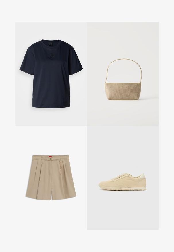 Marineblå kortærmet t-shirt lavet af blødt bomuld. Har en rund halsudskæring og et diskret broderet logo på brystet.; Beige plisserede shorts med et slankt matchende bælte med spænde i guld og dekorativ kædedetalje på hvid baggrund.; Beige ruskinds sneakers med snørebånd, struktureret overflade, kontrasterende gummisål og en let hæl. Minimalistisk stil med diskret branding.; Beige flettet håndtaske med tynd skulderrem og lille guld "BOSS" logo foran, vist mod en ensfarvet hvid baggrund.