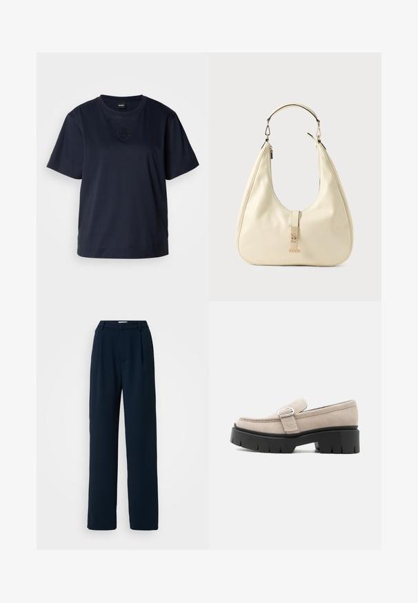Marineblå kortærmet t-shirt lavet af blødt bomuld. Har en rund halsudskæring og et diskret broderet logo på brystet.; Good American LUXE SUITING COLUMN TROUSER - Bukser - new navy; Beige ruskindslipper med sølvspænde og tyk sort kraftig sål, set fra siden på hvid baggrund.; Taske i cremelæder med buet form, top-håndtag og guldfarvede detaljer. Har lynlåslukning og mærkeaccent.