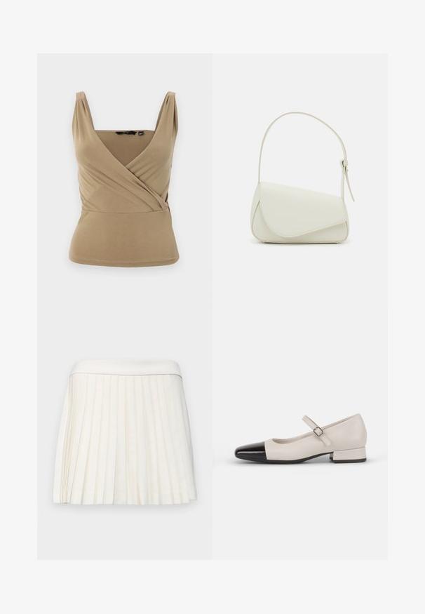 Top sin mangas en color beige con escote en V profundo y diseño envolvente. Fabricado en una tela suave con sutiles pliegues en los hombros y cintura ajustada.; Falda blanca plisada con una cinturilla suave, hecha de una tela ligera. Los pliegues crean textura y dimensión en toda la prenda.; Zapato estilo Mary Jane en cuero crema con puntera de charol negro. Presenta una punta redonda, tirante en el tobillo con una hebilla cuadrada y un tacón bajo y cuadrado.; Bolso de mano de imitación cuero blanco con una forma triangular estructurada, correa ajustable única y cierre con solapa acentuada en curva.