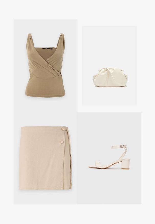 Top sin mangas en color beige con escote en V profundo y diseño envolvente. Fabricado en una tela suave con sutiles pliegues en los hombros y cintura ajustada.; Falda envolvente beige de tela suave, con dos botones de madera y un detalle atado en el lateral. Textura lisa, diseño de longitud media.; Sandaña de charol color beige con tacón cuadrado, puntera abierta, tira delgada en el tobillo y diseño minimalista. Textura suave con un brillo sutil.; Bolso de mano de cuero suave de color crema con diseño fruncido y plisado y una delgada correa para el hombro que descansa delante sobre un fondo liso.