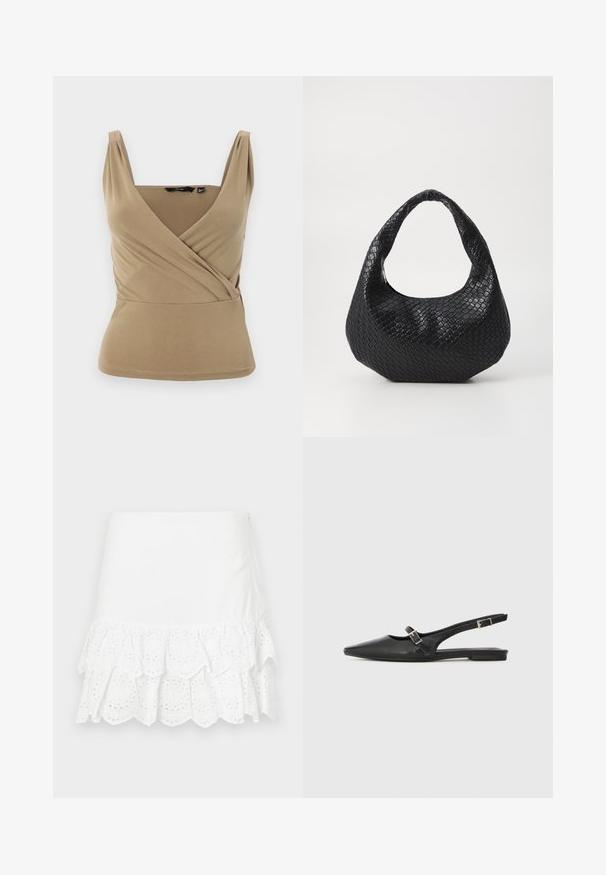 Beige ærmeløs top med en dyb V-udskæring og indpakningsdesign. Fremstillet af glat stof med subtile plisseringer ved skuldrene og en tætsiddende talje.; Hvid bomuldsnederdel med lagdelt flæse-design og øjelet broderi i kanten. Glat tekstur, længde over knæet.; Sorte læder slingback-sko med spids tå, med en smal rem og en sølvspænde-detalje på siden. Flad sål.; Sort flettet håndtaske med et buet håndtag, der har en struktureret overflade og en afslappet form. Glat finish med en organisk silhuet.