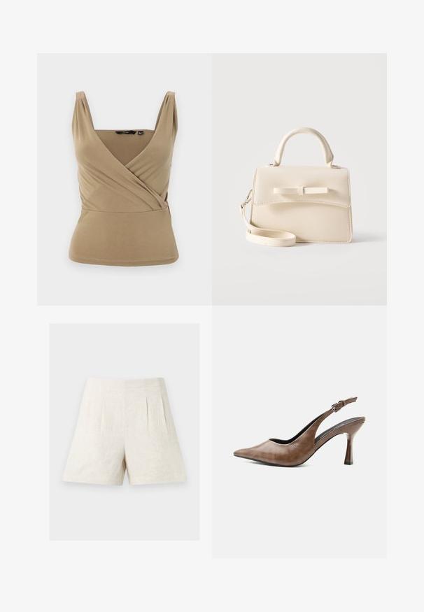 Beige ærmeløs top med en dyb V-udskæring og indpakningsdesign. Fremstillet af glat stof med subtile plisseringer ved skuldrene og en tætsiddende talje.; Højtaljede beige linnedshorts med forstykker foran og brede ben, vist på en ensfarvet lys baggrund.; Brun lædersandal med høj hæl, spids tå, justerbar rem med spænde og slank tilspidset hæl.; Lille beige håndtaske med top-håndtag, aftagelig rem, forreste klap og dekorativ vandret sløjfe på en ensfarvet baggrund.