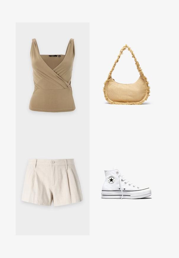 Beige ærmeløs top med en dyb V-udskæring og indpakningsdesign. Fremstillet af glat stof med subtile plisseringer ved skuldrene og en tætsiddende talje.; Linning shorts i en lys beige farve med plisseret design, frontknaplukning og en glat, struktureret finish.; Hvid højtop Converse Chuck Taylor All Star-sneaker med sort logo-patch og hvide snørebånd, vist på hvid baggrund.; Struktureret beige taske med en rund form, frynset kant langs kanterne og en kort rem til at bære. Lynlåsåbning på toppen.