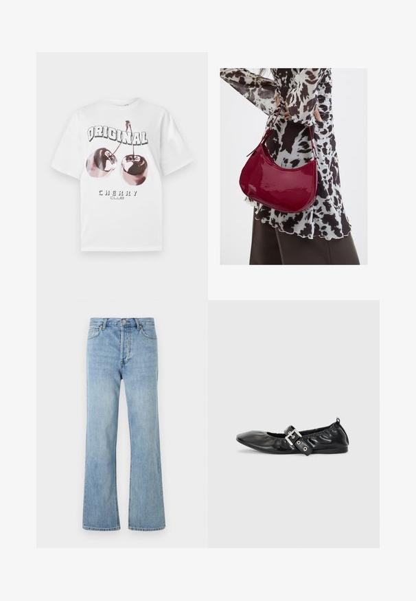 Hvid bomulds T-shirt med korte ærmer. Har et grafisk print af to kirsebær og teksten "ORIGINAL CHERRY CLUB" i fed sort skrift.; Lyseblå højtaljede denimjeans med knaplukning, for- og baglommer samt lige ben på en hvid baggrund.; Sorte læder flade sko med spids tå, samling detaljer omkring åbningen, og en sølv spænde accent på den justerbare rem.; Kvinde iført en sort- og hvidmønstret bluse, der holder en blank rød skuldertaske mod en ensfarvet baggrund.
