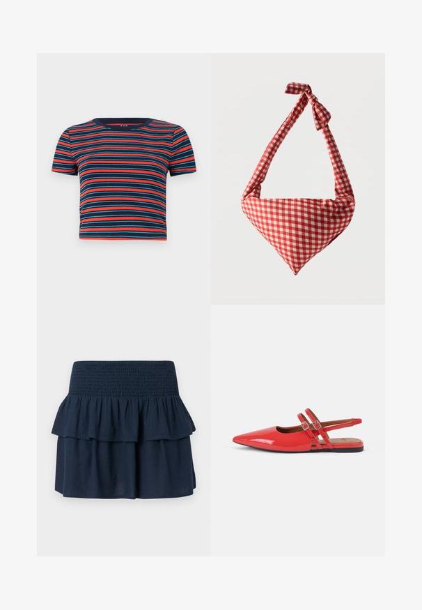 T-shirt à manches courtes et col rond avec des rayures horizontales bleu marine, rouge et turquoise. Fabriqué en mélange de coton doux, il présente une silhouette cintrée.; Mini-jupe bleu marine avec large ceinture smockée et détail de volants superposés sur le dessus.; Ballerines slingback en cuir verni rouge avec un bout pointu, dotées de deux fines lanières croisées et d'un design minimaliste. Semelle plate noire.; Sac d'épaule en tissu doux à motif à carreaux rouges et blancs, poignée nouée et forme triangulaire sur un fond uni.