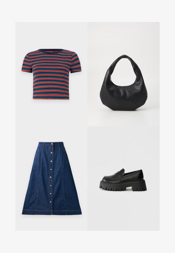 Korte mouwen, ronde hals T-shirt met marineblauwe, rode en turquoise horizontale strepen. Gemaakt van een zachte katoenmix, met een getailleerde pasvorm.; Donkerblauwe denim A-lijn rok met knoopsluiting aan de voorkant, met zakken, contrasterende stiksels en een lengte tot halverwege de kuit.; Zwarte leren instapper met een dikke, robuuste rubberen zool met een getande rand en een enkele decoratieve hardware-accent op de bovenkant.; Zwarte geweven handtas met een gebogen handvat, met een gestructureerd oppervlak en een slouchy vorm. Gladde afwerking met een organische silhouette.