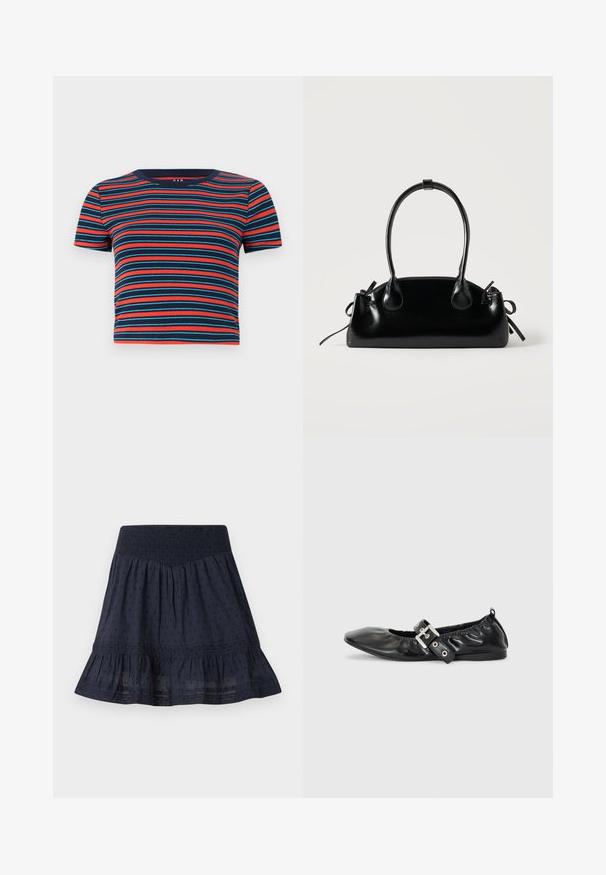 T-shirt à manches courtes et col rond avec des rayures horizontales bleu marine, rouge et turquoise. Fabriqué en mélange de coton doux, il présente une silhouette cintrée.; Jupe bleu marine longueur genou avec taille smockée élastique, motif discret à pois et ourlet volanté.; Chaussure plate en cuir noir avec un nez pointu, des détails froncés autour de l'ouverture et un accent en boucle argentée sur la bride ajustable.; Petit sac à main noir brillant avec deux longues anses et des détails à cordon sur les côtés sur un fond clair uni.