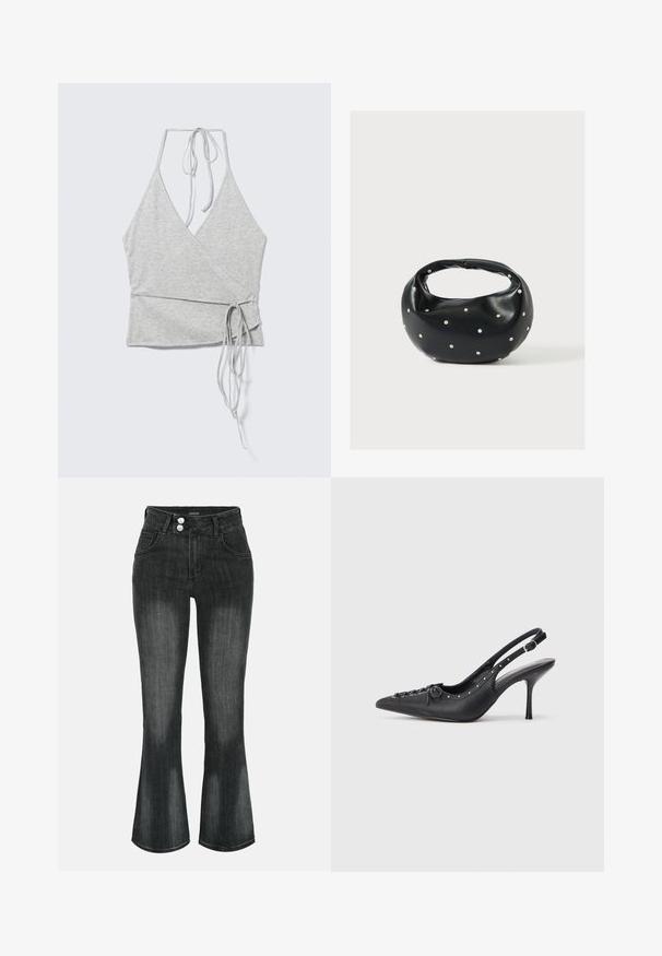 Light gray sleeveless wrap top with deep V-neck, halter ties at neck, and long waist ties on left side.; Black washed denim jeans with high waist, double button closure, front pockets, and slightly flared legs.; Black leather slingback stiletto with pointed toe, side buckle strap, studs along edge, and decorative lacing on front.; Black leather handbag with a rounded shape, decorated with silver stud accents, and a short handle. Smooth texture and zipper closure.