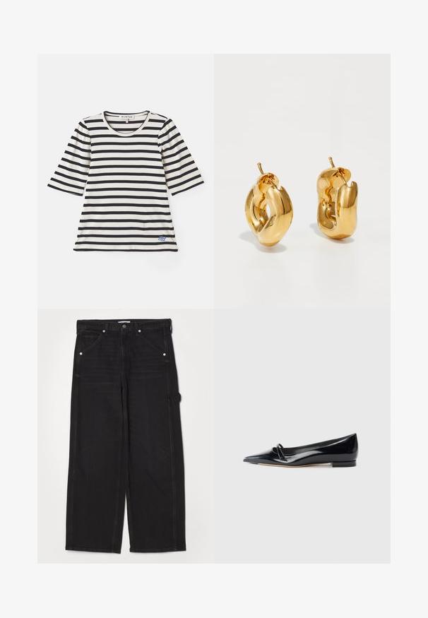 Stribet t-shirt i creme og marineblå, med korte ærmer, ribbet struktur, rund halsudskæring og en lille blå logo-detalje nær kanten.; RE/DONE PAINTER JEAN - Jeans Relaxed Fit - crafted black; Sorte patentlæder flade sko med spids tå, lille dekorativ rem og lav blokhæl. Glat tekstur og strømlinet design.; Chunky guld hoop øreringe med et let snoet, rørformet design og postsystem bagpå, på en hvid baggrund.