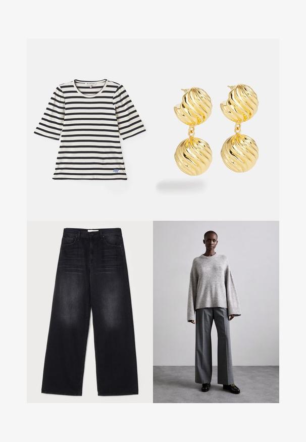 Stribet t-shirt i creme og marineblå, med korte ærmer, ribbet struktur, rund halsudskæring og en lille blå logo-detalje nær kanten.; Mother THE SPINNER ZIP SNEAK - Jeans Relaxed Fit - black; Grå strikket sweater med brede ærmer og ribbet kant, parret med høj-taljede grå bukser med et subtilt ternet mønster og sorte loafers.; Guldtonede øreringe med et snoet design. De har to sfæriske elementer, hver med en bølget tekstur og en poleret overflade.