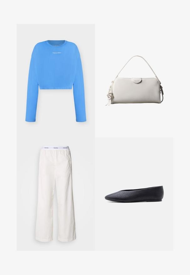 Világoskék hosszú ujjú, haspóló felsőrész, kerek nyakkivágással, fehér "Calvin Klein" logóval a mellkas közepén.; Fehér, bő szárú nadrág elasztikus derékkal, eltérő Calvin Klein logóval. Simaságával kényelmes viseletet biztosít.; Fekete lapos balettcipő hegyes orral és finom perforált mintával, oldalról látható, egyszínű fehér háttéren.; Fehér, téglalap alakú Calvin Klein táska egyetlen fogantyúval, minimalista dizájnnal és oldalt geometriai fém díszítésű bojttal.