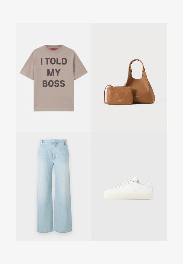 T-shirt en coton beige, à manches courtes, col rond, avec un texte audacieux en noir : "J'AI DIT À MON PATRON" imprimé en évidence sur le devant.; Jeans large en denim bleu clair. Caractéristiques : taille haute, design à cinq poches et décoloration subtile avec un ourlet propre.; Baskets blanches avec une tige en cuir lisse, des œillets de lacets contrastants, un bout arrondi et une semelle en caoutchouc légèrement translucide.; Sac à main en cuir marron texturé avec une petite pochette assortie à fermeture éclair, tous deux avec un design simple et arrondi sur un fond uni.