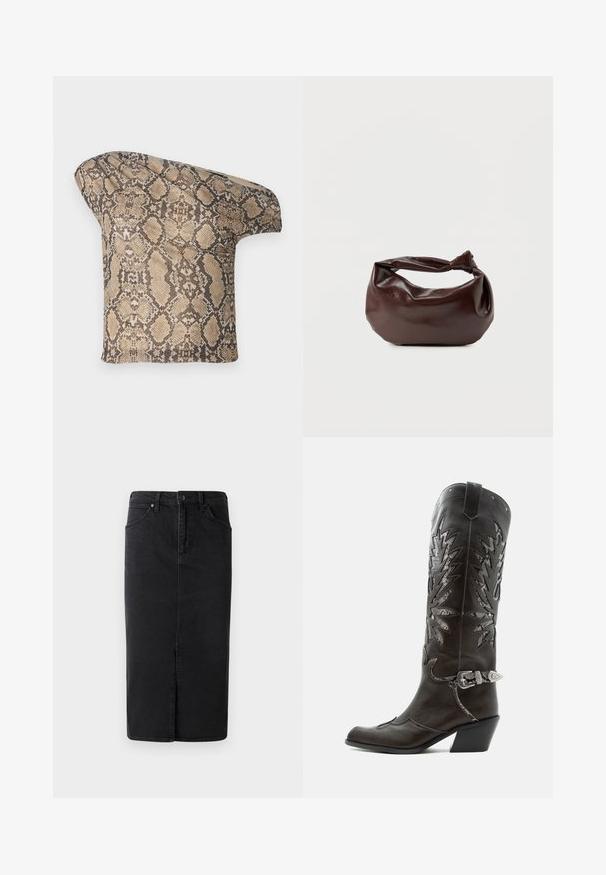 Struktureret, beige og brun slangeskinds-mønstret stofstykke med en asymmetrisk form, designet til et unikt, moderne look.; Sort denim nederdel, knælang med en forslid. Har en tætsiddende talje, traditionelt fem-lomme design og bæltestropper. Glat tekstur.; Sort læder cowboystøvle med dekorative udskæringer, sølvspænde og skrå hæl, vist på hvid baggrund.; Mørkebrun læder skuldertaske med en blød, afslappet form og et snoet knudehåndtag på en ensartet hvid baggrund.