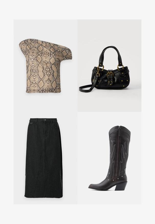 Struktureret, beige og brun slangeskinds-mønstret stofstykke med en asymmetrisk form, designet til et unikt, moderne look.; Sort denimnederdel med høj talje, lige snit og unikke skrå sømme. Har sideslids og knaplukning i taljen.; Brune læder cowboystøvler med flammebroderi, sidelukning med lynlås, sølvnitter, spids snude og lagdelt hæl.; Sort læderhåndtaske med guldbælge og nitdetaljer, korte håndtag og en justerbar skulderrem på en ensfarvet hvid baggrund.