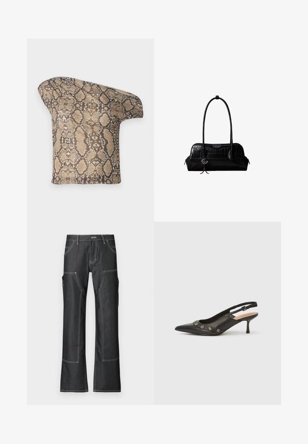 Struktureret, beige og brun slangeskinds-mønstret stofstykke med en asymmetrisk form, designet til et unikt, moderne look.; Mørke denim cargo bukser med hvid kontrastsyning, der har flere lommer og en nederdel design med vidde. Holdbart materiale og metalknaplukning.; Sort slingback-pumpe i læder med spids tå, lille hæl og dekorative metalakcenter langs frontåbningen. Glat tekstur.; Sort skuldertaske i krokodillelæder med lange stropper og lille sølvlogo-charm på den ene strop.