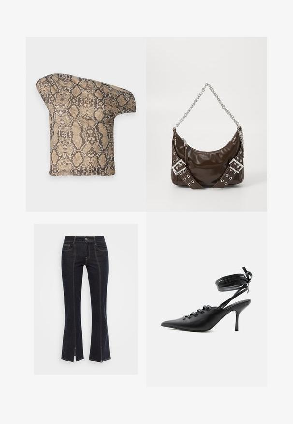 Struktureret, beige og brun slangeskinds-mønstret stofstykke med en asymmetrisk form, designet til et unikt, moderne look.; Mørkeblå denim flared jeans med forlommer, synlig syning og slidser i bunden, prydet med et klassisk talje bånd og metalknap.; Sort spids sko med høje hæle, snørelukning foran og omlægning omkring anklerne bundet med sløjfe, vist fra siden på hvid baggrund.; Mørkebrunt patentlæder håndtaske med sølv kæderekke, dekorerede dobbelte spænder og lynlås lukning.
