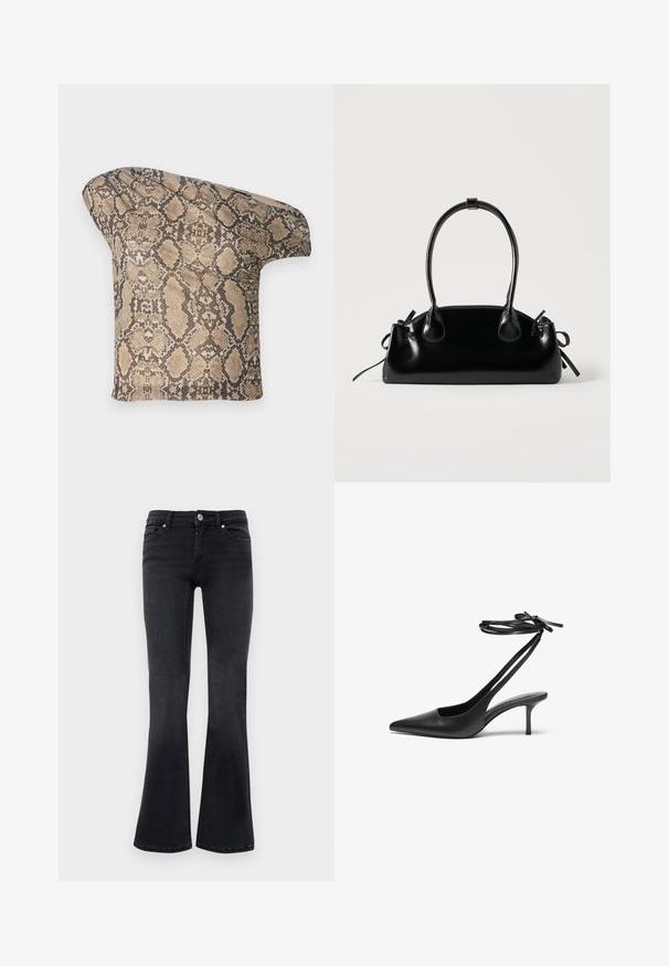 Un morceau de tissu à motif serpent texturé en beige et brun, avec une forme asymétrique, conçu pour un look moderne et unique.; Jean bootcut en denim noir avec bouton avant, fermeture éclair, passants de ceinture et design à cinq poches.; Escarpin noir en cuir avec un bout pointu, un dos ouvert et des brides à la cheville nouées en nœud. Talon fin de 3 pouces. Texture lisse, design minimaliste.; Petit sac à main noir brillant avec deux longues anses et des détails à cordon sur les côtés sur un fond clair uni.