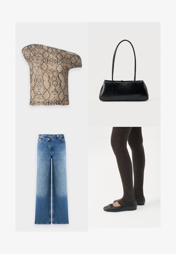 Struktureret, beige og brun slangeskinds-mønstret stofstykke med en asymmetrisk form, designet til et unikt, moderne look.; Lysblå vidde jeans med en falmet vask, der har et klassisk fem-lomme design og metalknap detaljer i taljen.; Ben iført mørke ribbede leggings kombineret med sorte balletsko med små sløjfedetaljer på hvid baggrund.; Sort rektangulær skuldertaske med lange tynde stropper og en glat, blank tekstur på en ensfarvet baggrund.