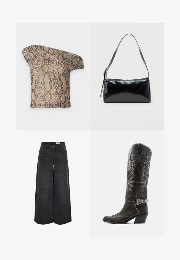 Struktureret, beige og brun slangeskinds-mønstret stofstykke med en asymmetrisk form, designet til et unikt, moderne look.; Bredde ben sorte denimshorts med høj talje, forlommer og subtil tekstur; designet til en afslappet pasform.; Sort læder cowboystøvle med dekorative udskæringer, sølvspænde og skrå hæl, vist på hvid baggrund.; Sort rektangulær skuldertaske med en enkelt justerbar rem og lynlås i toppen på en ensfarvet baggrund.