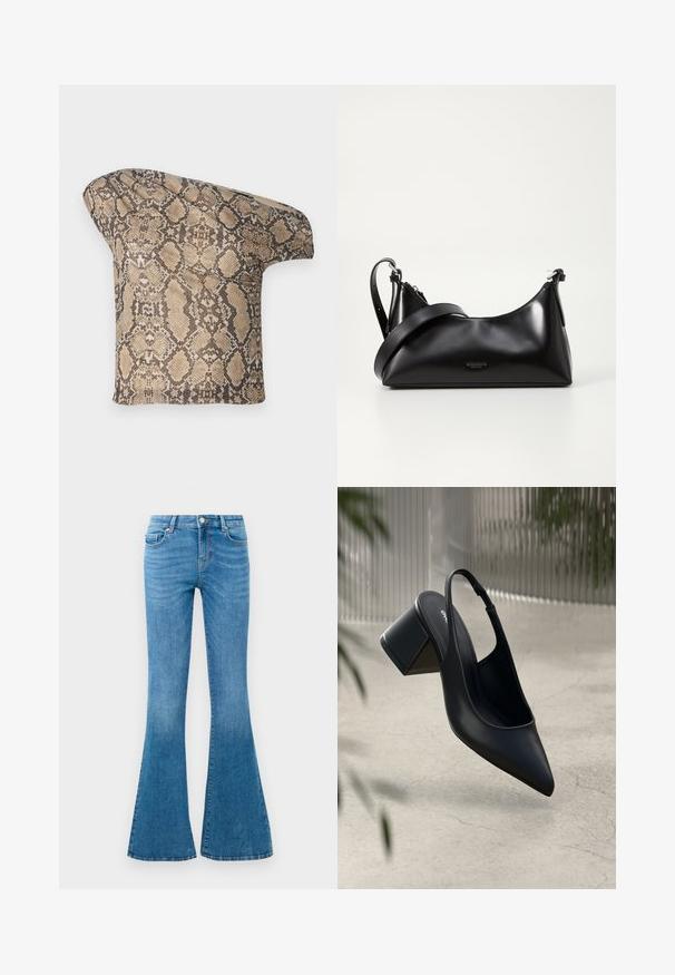 Un morceau de tissu à motif serpent texturé en beige et brun, avec une forme asymétrique, conçu pour un look moderne et unique.; Jean flare en denim bleu avec une taille mi-haute, comportant cinq poches, un bouton standard et un léger délavage pour la texture.; Escarpin noir en cuir avec un bout pointu et un talon bloc. Texture lisse, design minimaliste et bride de cheville réglable.; Sac à main en cuir noir avec une texture lisse. Dispose d'une bandoulière adjustable et d'un design élégant et minimaliste avec une fermeture éclair.