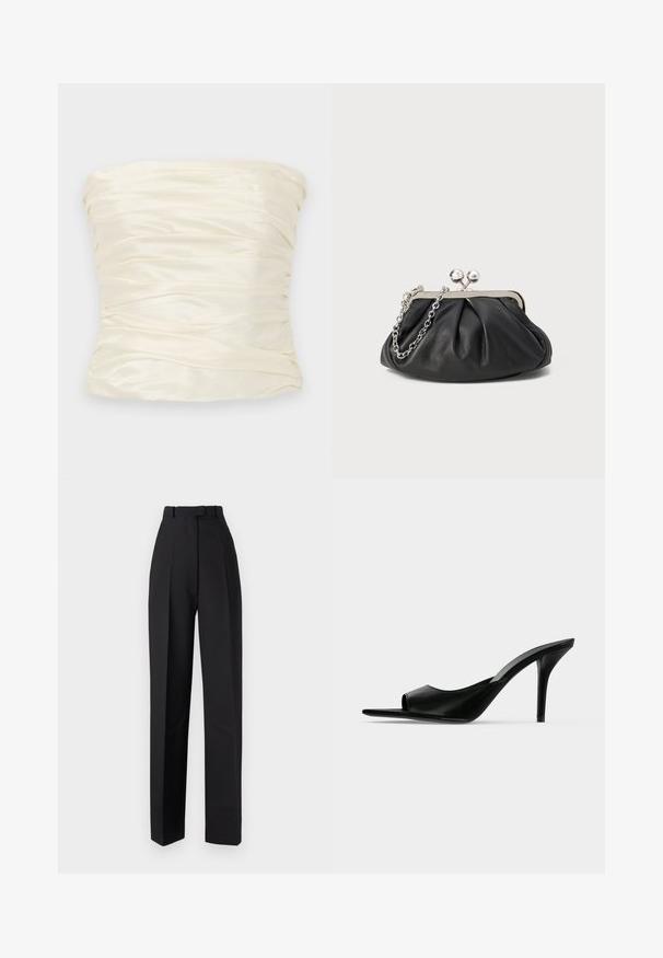 Haut sans bretelles en satin ivoire, avec une texture froncée et un fini lisse, affichant une silhouette large et structurée.; Pantalons taille haute noirs avec des plis, dotés d'un design ajusté et de jambes droites. Fabriqués dans un tissu lisse, avec un minimum de détails.; Mule à talon haut en cuir noir à bout ouvert avec un talon stiletto fin, vue de profil sur un fond uni.; Porte-monnaie en cuir noir avec texture froncée, cadre en métal argenté, fermeture à verrouillage kiss-lock et bandoulière en chaîne. Surface lisse et douce.
