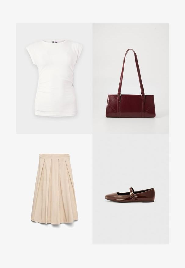 T-shirt blanc ajusté à manches courtes avec col rond sur fond uni, avec un léger détail froncé sur le côté.; Jupe midi beige avec taille haute et plis devant, silhouette évasée et tissu lisse.; Ballerine en cuir verni marron avec un bout carré et une lanière ornée d'une petite boucle dorée. Texture lisse, talon bas et design minimaliste.; Sac à main bordeaux en matériau brillant, de forme rectangulaire, avec deux anses et des accents légèrement courbés à l'avant.