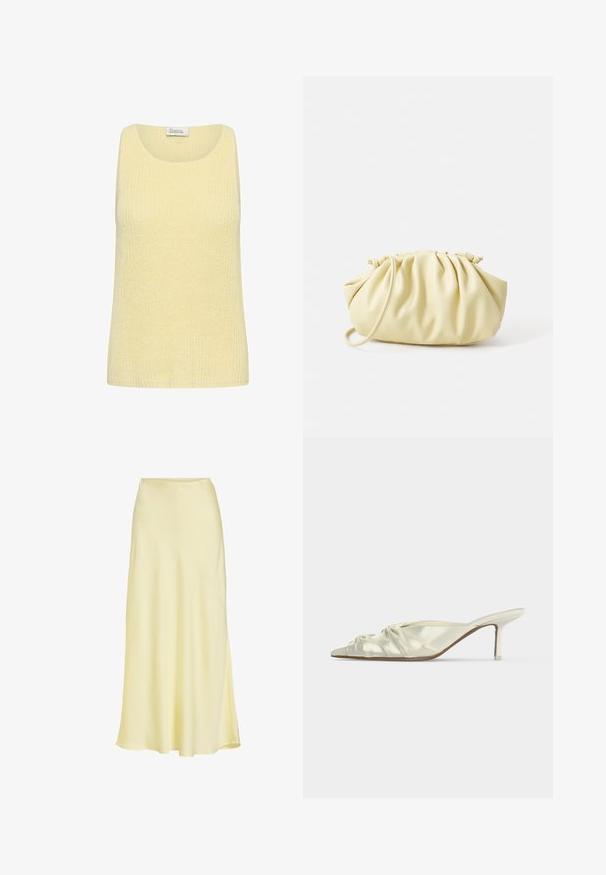 Débardeur sans manches tricoté jaune clair avec encolure ronde et motif texturé, étiqueté "My Essential Wardrobe."; Jupe longue en satin jaune pâle avec une légère évasement et une texture lisse, présentée sur fond blanc.; Mule blanche en satin à bout pointu avec des détails froncés et un talon fin de hauteur moyenne sur fond uni.; Sac à main plissé jaune en simili cuir lisse, arborant une forme douce avec une bandoulière unique et un design froncé sur le dessus.