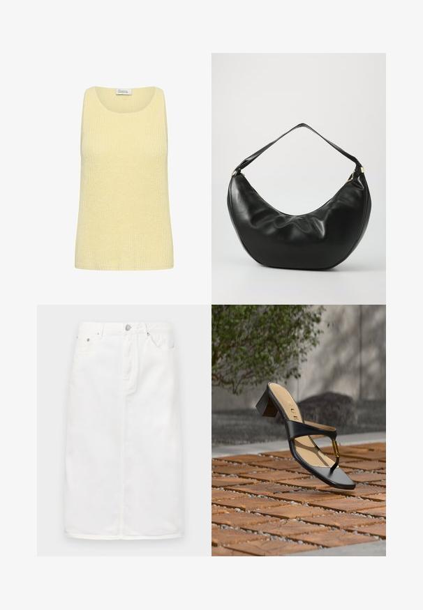 Débardeur sans manches tricoté jaune clair avec encolure ronde et motif texturé, étiqueté "My Essential Wardrobe."; Jupe en denim blanc avec fermeture éclair sur le devant, design à cinq poches et silhouette droite avec des accents de couture.; Sandale noire à talon avec boucle pour l'orteil et accent doré, placée sur une surface pavée en bois et pierre en extérieur près de la verdure.; Sac à épaule en cuir noir, de forme courbée, avec une texture douce et une seule sangle; il comporte une fermeture éclair dorée et un logo discret.