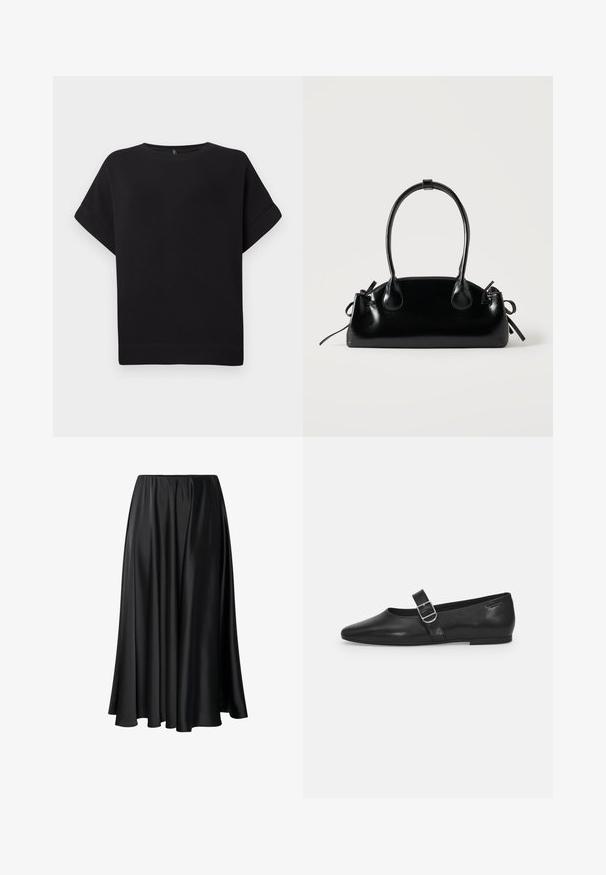 Schwarzes Kurzarm-T-Shirt aus weichem Stoff, mit Rundhalsausschnitt und lockerer Passform, genähtem Saum und ohne sichtbare Muster.; Schwarze Maxirock aus glattem Stoff, mit elastischem Taillenbund, voluminöser Silhouette und fließendem Saum ohne sichtbare Muster oder Details.; Schwarzer Lederflatschuh mit runder Zehenform, einem verstellbaren Schnallenriemen und einer glatten, glänzenden Oberfläche. Minimalistisches Design mit einem niedrigen Absatz.; Kleine schwarze glänzende Handtasche mit zwei langen Griffen und seitlichen Kordelzug-Details vor einfachem hellem Hintergrund.