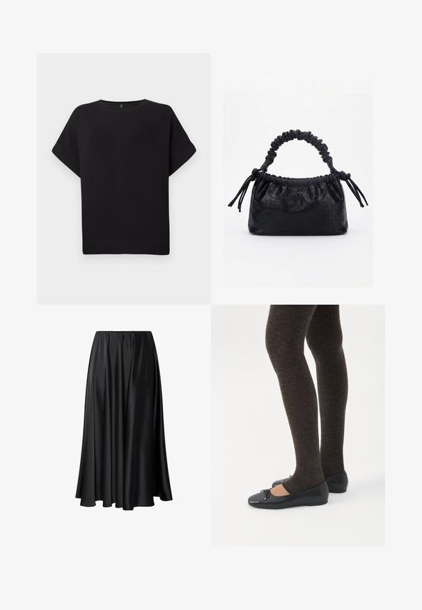 Camiseta negra de manga corta hecha de una tela suave, con un cuello redondo y un corte relajado, con dobladillo cosido y sin patrones visibles.; Falda maxi negra de tejido suave, con una cinturilla elástica, silueta amplia y un dobladillo fluido sin patrones o detalles visibles.; Piernas con leggings oscuros acanalados combinados con bailarinas negras que presentan pequeños detalles de lazo sobre un fondo blanco.; Bolso negro con textura de cocodrilo, borde superior fruncido, asa recogida y cordones con borlas en cada lado sobre un fondo blanco.