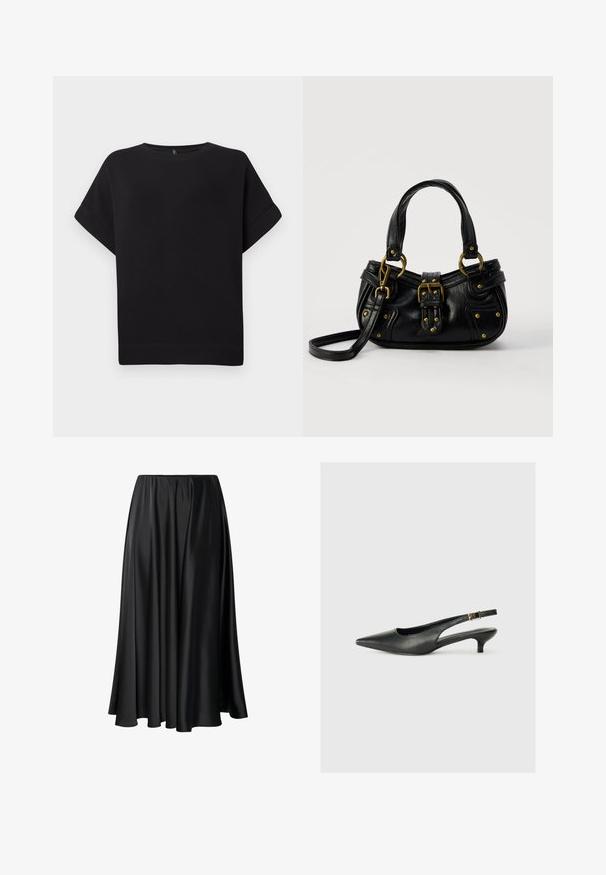 Zwarte short-sleeve t-shirt van zacht materiaal, met een ronde halslijn en een relaxte pasvorm, voorzien van een gestikte zoom en zonder zichtbare patronen.; Zwarte maxi rok van gladde stof, met een elastische tailleband, een volle silhouet en een vloeiende zoom zonder zichtbare patronen of details.; Zwarte puntschoen met slingback van soepel leer. Kenmerkt zich door een dunne hak en een gespdetail op de verstelbare band.; Zwarte leren handtas met gouden gesp en klinknagel details, korte handvatten en een verstelbare schouderriem op een effen witte achtergrond.