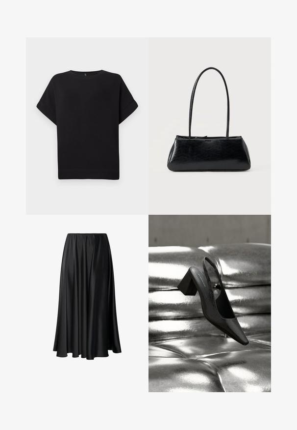 Camiseta negra de manga corta hecha de una tela suave, con un cuello redondo y un corte relajado, con dobladillo cosido y sin patrones visibles.; Falda maxi negra de tejido suave, con una cinturilla elástica, silueta amplia y un dobladillo fluido sin patrones o detalles visibles.; Tacón destalonado negro con punta en forma de pico, con superficie texturizada y tacón ancho y grueso. Colocado sobre un fondo metálico brillante.; Bolso de hombro rectangular negro con correas largas y delgadas y una textura lisa y brillante sobre un fondo liso.