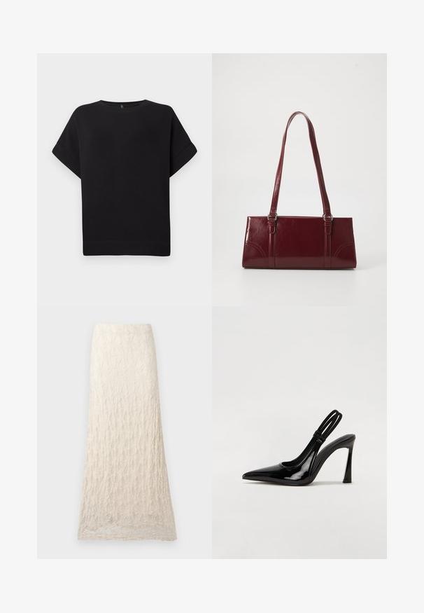 Camiseta negra de manga corta hecha de una tela suave, con un cuello redondo y un corte relajado, con dobladillo cosido y sin patrones visibles.; Falda larga de encaje crema con patrón floral texturizado y silueta recta.; Zapato de tacón con tirante en negro de charol, punta afilada, tacón alto y delgado, y doble tira elástica para un ajuste seguro. Superficie suave y brillante.; Bolso burdeos hecho de material brillante, de forma rectangular, con dos asas para el hombro y sutiles acentos curvados en la parte frontal.