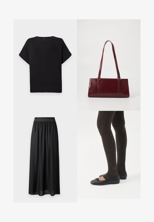 Zwarte short-sleeve t-shirt van zacht materiaal, met een ronde halslijn en een relaxte pasvorm, voorzien van een gestikte zoom en zonder zichtbare patronen.; Zwarte mid-length rok van lichtgewicht stof, met een elastische tailleband en een vloeiende pasvorm met een gladde textuur.; Benen met donkere geribbelde leggings gecombineerd met zwarte ballerina's met kleine strikdetails op een witte achtergrond.; Bourgondische handtas van glanzend materiaal, rechthoekige vorm, met twee schouderbanden en subtiele gebogen accenten aan de voorkant.