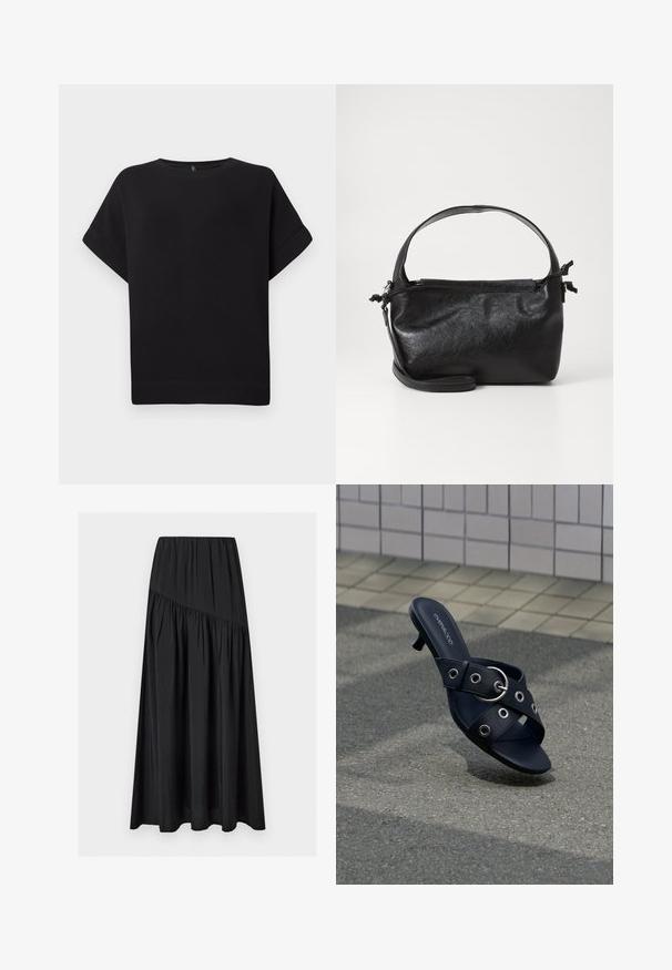 Schwarzes Kurzarm-T-Shirt aus weichem Stoff, mit Rundhalsausschnitt und lockerer Passform, genähtem Saum und ohne sichtbare Muster.; Langer schwarzer Rock mit elastischem Bund und diagonal geraffter Naht, aus leichtem, leicht strukturiertem Stoff.; Schwarze Sandale mit Absatz und gekreuzten Riemen, die silberne Ösen und eine runde Schnalle aufweisen, auf strukturiertem Pflaster nahe einer gefliesten Wand platziert.; Schwarze Lederhandtasche mit strukturiertem Design, rundem Haltegriff und abnehmbarem Schulterriemen. Sie weist eine glatte Oberfläche und einen subtilen Glanz auf.