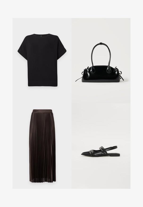 Camiseta negra de manga corta hecha de una tela suave, con un cuello redondo y un corte relajado, con dobladillo cosido y sin patrones visibles.; Falda midi plisada en tejido marrón oscuro, con una cintura suave, diseño hasta el suelo y pliegues verticales para añadir textura.; Even&Odd by Zalando Bailarinas con tira trasera - black; Pequeño bolso negro brillante con dos asas largas y detalles de cordón lateral sobre un fondo claro liso.