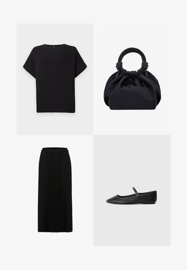 Schwarzes Kurzarm-T-Shirt aus weichem Stoff, mit Rundhalsausschnitt und lockerer Passform, genähtem Saum und ohne sichtbare Muster.; Schwarzer plissierter Midirock mit elastischem Bund und vertikalen Falten, vor weißem Hintergrund gezeigt.; Schwarze Leder-Balletschuhe mit spitzem Zeh, flacher Sohle und einem kleinen Riemen mit Schnalle am Knöchel für sicheren Halt.; Schwarze weiche Stoffhandtasche mit gerafftem oberen Rand und runden, gepolsterten Griffen, die auf jeder Seite mit Knoten gebunden sind.