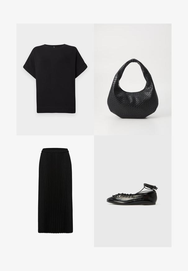 Schwarzes Kurzarm-T-Shirt aus weichem Stoff, mit Rundhalsausschnitt und lockerer Passform, genähtem Saum und ohne sichtbare Muster.; Schwarzer plissierter Midirock mit elastischem Bund und vertikalen Falten, vor weißem Hintergrund gezeigt.; Schwarze Ballerinas aus Lackleder mit runder Spitze, Schnürdesign und flacher Sohle. Glatte Textur mit minimaler Verzierung.; Schwarze gewebte Handtasche mit einem gebogenen Griff, die eine strukturierte Oberfläche und eine lässige Form hat. Glatte Oberfläche mit einer organischen Silhouette.