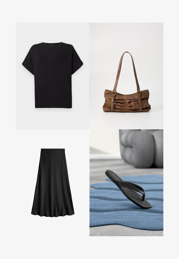Camiseta negra de manga corta hecha de una tela suave, con un cuello redondo y un corte relajado, con dobladillo cosido y sin patrones visibles.; Falda negra de satén en línea A con textura suave y dobladillo fluido, hasta la rodilla, mostrada sobre un fondo blanco.; Sandalia negra de dedo sola descansando sobre una alfombra azul texturizada, con un sofá redondeado y desenfocado al fondo.; Even&Odd Bolso de mano - brown